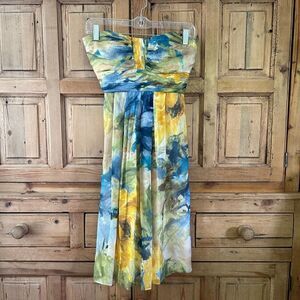 Badgley‎ Mischka 2 Silk Watercolor Strapless Dress Flowy Knee Length Cocktail